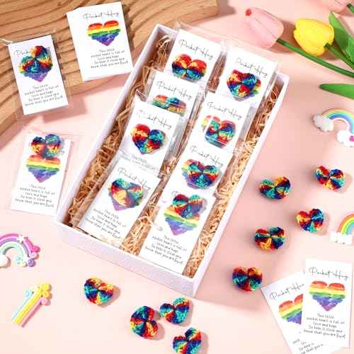 200 Sets Pocket Hug Gift Bulk Rainbow Party Favor Emotional Cheer Support Pride Gift Cute Hand Crocheted Pocket Hug Heart Inspirational Card and Bags Christmas Party Favor for Family Friends