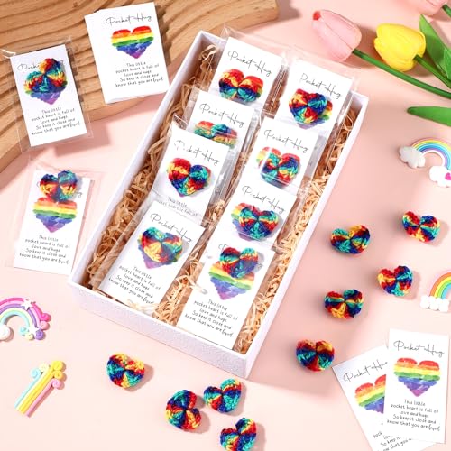 300 Sets Pocket Hug Gift Bulk Rainbow Party Favor Emotional Cheer Support Pride Gift Cute Hand Crocheted Pocket Hug Heart Inspirational Card and Bags Christmas Party Favor for Family Friends