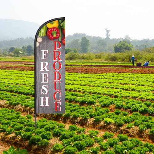 2 Sets 7 ft Fresh Produce Feather Flag with Flagpole and Ground Stake, Fresh Produce Advertising Feather Banner Flag Sign for Farm Fruit Shop Market Store Business Advertising Supplies