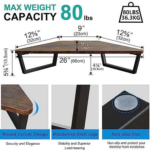 TEAMIX 26 inch Triangle Monitor Stand Riser, Desktop Corner Shelf with Metal Leg Wood Computer Stand with Storage Laptop Riser Office Organization