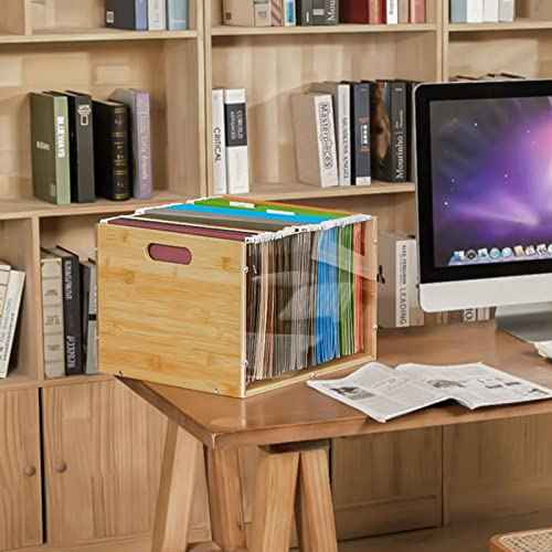 Letter/Legal Bamboo Acrylic File Box Organizer, Hanging File Folder Storage Boxes, Decorative Document Crate Transparent Filing Bin with Handle for Home Office Desk