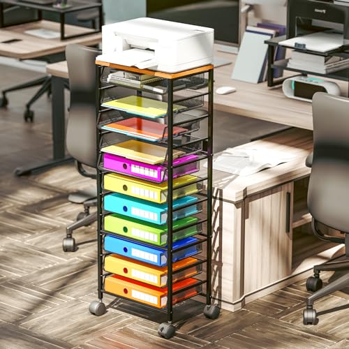 Simple Trending 12-Tier Wood Rolling File Cart with Mesh Trays, Office & Home Storage