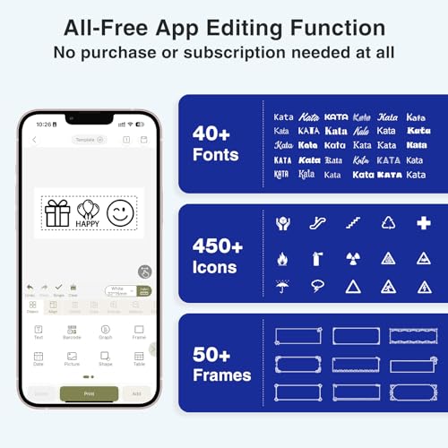 SUPVAN E11 Bluetooth Label Maker Machine with 4 Tapes, Support Keyboard & App with 40 Fonts and 450+ Icons, Rechargeable Inkless Labeler for Home, Kitchen, Office, School Organization, Black