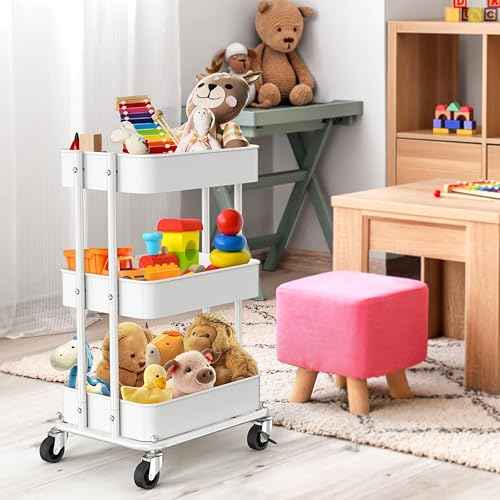 Simple Houseware 3-Tier Compact Utility Rolling Cart, Low 24¡± Height Fits Under Desk, Space-Saving Storage for Home Office, Dining Room, or Kitchen, White