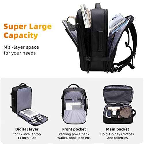 Asenlin Travel Backpack for Women Men£¬40L-50L Expandable Carry on Backpack£¬17 Inch Water Resistant Laptop Backpack for Weekender Overnight Extre Large Backpack-Black