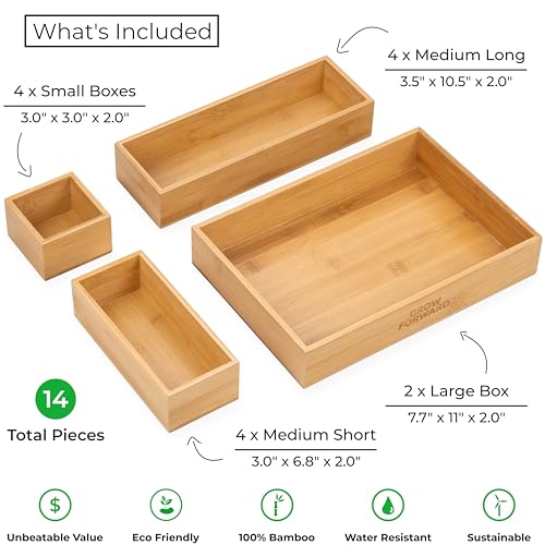 Grow Forward Bamboo Drawer Organizer Boxes - Set of 14 Wooden Drawer Organizers for Kitchen, Bathroom, Office, Desk, Vanity, Makeup - Non-Slip Junk Drawer Organizer Trays for Storage and Organization