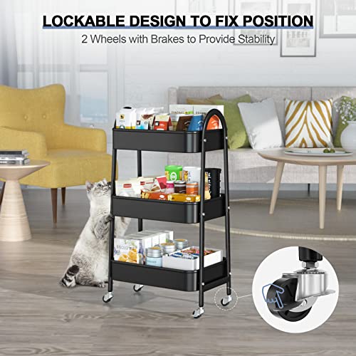 EAGMAK Black 3-Tier Utility Rolling Cart with Lockable Wheels & Mesh Baskets