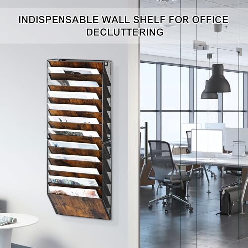 12-Pocket Wall File Organizer, Wood Mail Organizer Wall Mounted Paper Document Magazine Holder, Hanging Clipboard Storage Basket for Office Home School Organization, Black/Antique