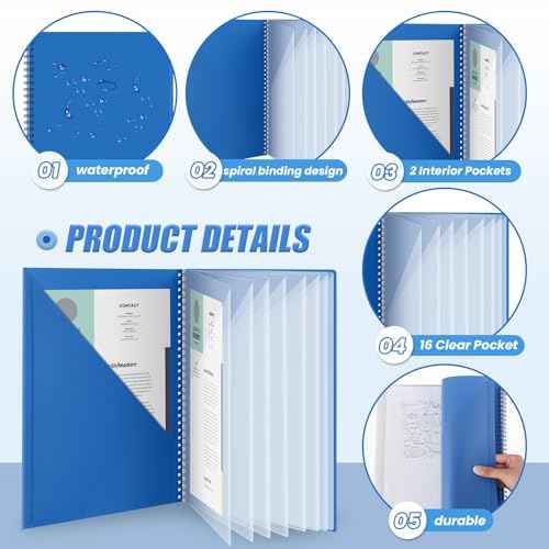 12 Pcs 10 Pocket Folder Bulk Plastic Spiral Project Organizer for Documents Papers Homework Portfolio Folder Binder with Plastic Sleeves School Office Supplies (Blue)