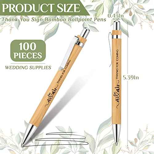 100 Pieces Bamboo Wedding Pens Bulk Ballpoint Black Ink Bridal Shower Pens for Wedding Bridal Shower Guest Book Game Gifts Proposal Bachelor Party Favors