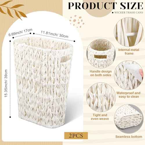 2 Pcs Wicker Trash Can 5 Gallon Waste Basket Bathroom Garbage Can White Narrow Waterproof Wicker Trash Basket for Bedroom Office Bathroom
