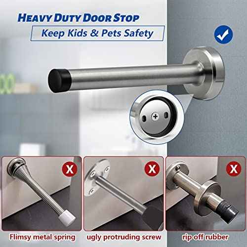 Brushed Nickel Doorstops (10 Pack) - 6 Inch Extra Long Metal Door Stoppers, Wall Mounted Baseboard Door Stop Bumper, Silver