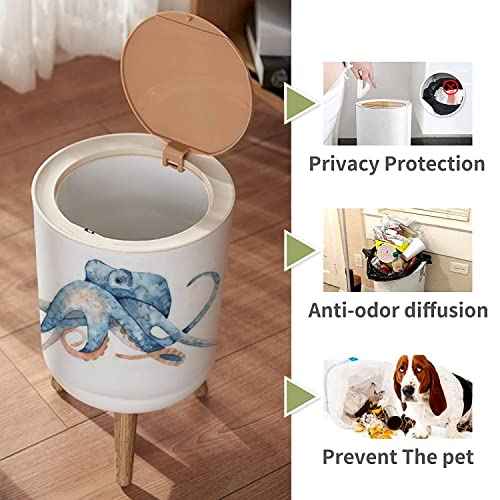 Small Trash Can with Lid Watercolor Hand Drawn of Octopus in Blue Color Isolated on White Garbage Bin Wood Waste Bin Press Cover Round Wastebasket for Bathroom Bedroom Office Kitchen