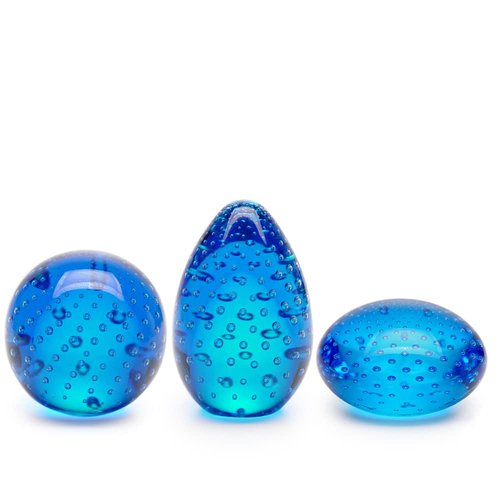 Ca D Oro Set of 3 Small Glass Paperweights Blue with Bubbles Hand Blown Murano-Style Art Glass - Models Flat/Ball/Egg