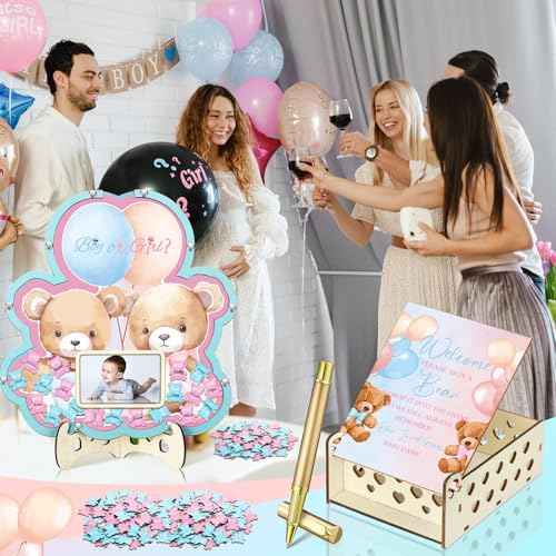 Wenqik 63 Bear Gender Reveal Baby Shower Guest Book Alternatives Set Baby Shower Decorations with Photo Frame Sonogram Frame Keepsake 60 Wood Slices Guest Book for Birthday