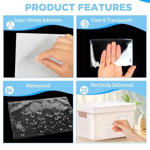 56 Pack Clear Self-Adhesive Pockets, 3" x 5" Index Card Pockets With Top Open Loading, PVC Label Holders for Organizing storage bins, Library Card, Drawer, and Protecting Your Cards