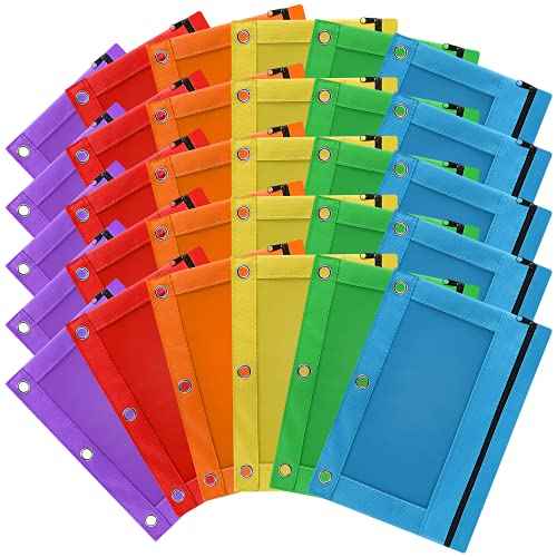 LURLIN 3-Ring Pencil Pouch, 30 Pack Bulk Zipper Pen Pouches in Assorted Colors for Office College School Supplies Cosmetics, Cloth Pencil Case for 3 Hole Binder¡¦