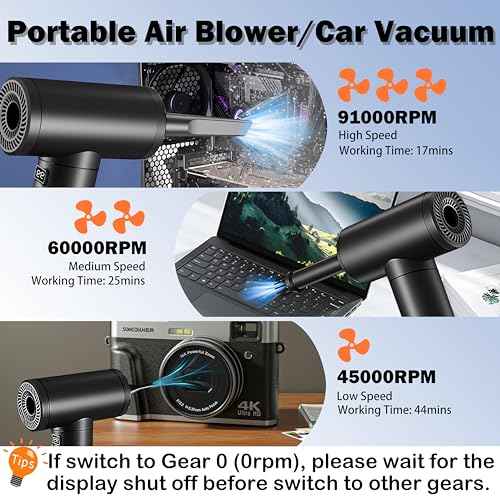 2-in-1 Air Duster and Car Vacuum, Portable Cordless Mini Vacuum Cleaner for Keyboard, PC, House & Car Cleaning, 7500mAh Fast Charging, 9 Attachments, LED Light - Black