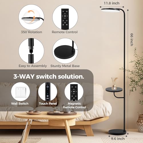 36W LED Floor Lamp with Table & Shelves, Minimalist Stepless Dimmable Torchiere with Dual Control (Remote & Touch), 350¡ÆRotating Head Reading Floor Lamp for Living Room, Bedroom, Office