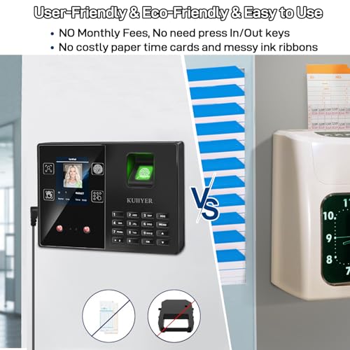 KUIIYER 4 in 1 Employee Time Clocks for Small Business (Face + Fingerprint + Palm Print + PIN) Employee Clock in & Out Machine Attendance Punch Clock