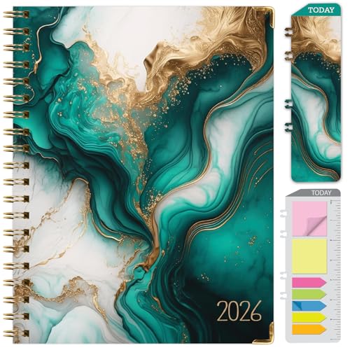 HARDCOVER 2026 Planner, 8.5"x11": 14 Months (November 2025 - December 2026), Daily Weekly Monthly Planner, Yearly Agenda, Bookmark, Pocket Folder and Sticky Note Set (Teal Gold Marble)