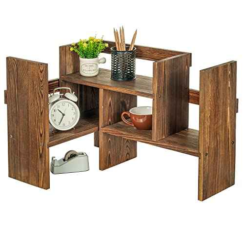 MyGift Adjustable Desktop Shelf, Deluxe Rustic Burnt Solid Wood Stackable Multilevel Bookshelf Organizer Stand, Home or Office Desk Storage Shelving Rack