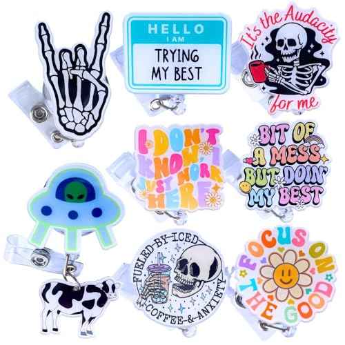 YJ PREMIUMS 8PC Funny Cute Fun Badge Reel Holder ID Card Retractable Clip for Nurse Nurses Nursing Teacher Office Workers | Meme It¡¯s Fine Just My Face Job Descriptions Goose Bumps Coworkers Gifts