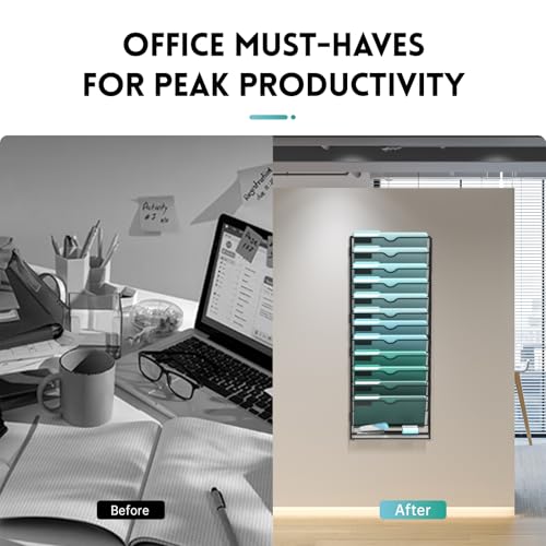 SUPEASY 13-Tier Wall File Organizer, Hanging Wall Files for Papers, Folders, Magazines, Wall Organizer for Clipboard, Assembly Needed, Black