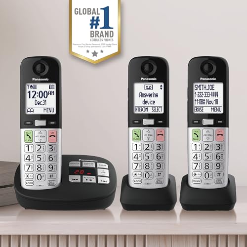 Panasonic Cordless Landline Phone with 3 Handsets, Volume Boost & Emergency Flashlight (Black)