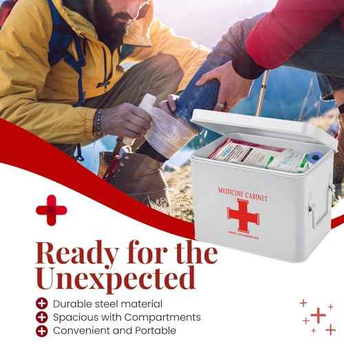 Flexzion First Aid Box Organizer, Empty 8.5 Inch White Vintage First Aid Kit Tin Metal Medical Box Storage Container Bins with Dividers, Removable Tray and Cross Logo
