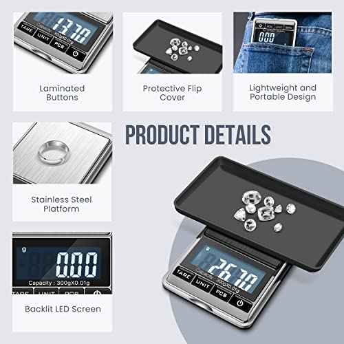 Flexzion Jewelry Small Digital Scale .01 Gram Accuracy - Portable Digital Jewelry Scale Gram & Ounces with 300g Weight Capacity - Micro Scale for Herbs, Gold, Coins with Multi-Unit Conversion