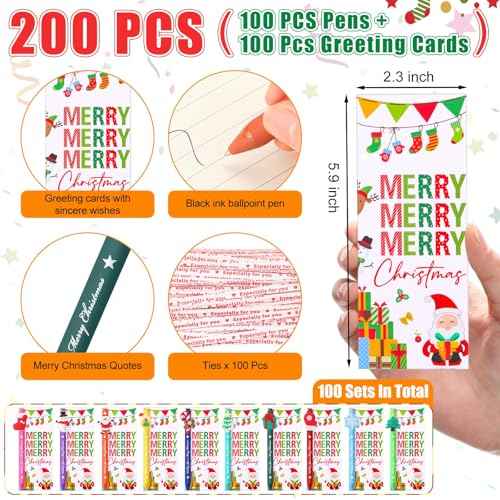 100 Sets Christmas Bulk Gift Cartoon Pens With Greeting Card - Xmas Ballpoint Pens for Party, School, Office Supplies - Creative Novelty Merry Christmas Card