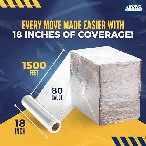 Rockin Rolls 18" x 1500 FT Clear Stretch Film Shrink Wrap - 4 Rolls, Heavy Duty, Recyclable