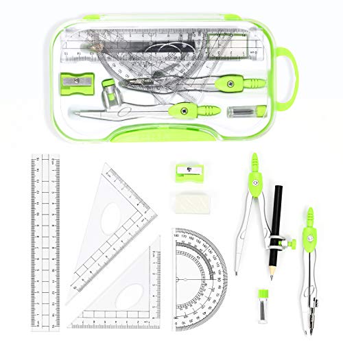 Green Vobou Math Geometry Set 10 Pcs with Compass, Ruler & Protractor for Students and Teachers
