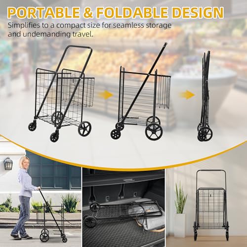 DWVO Jumbo Folding Shopping Cart with Wheels, Rolling Foldable Grocery Cart with Double Basket, Portable Collapsible Utility Cart for Shopping Groceries Laundry Storage Organizer