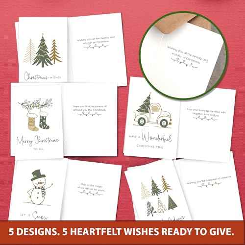 20 Minimal Christmas Cards Boxed with Envelopes & Stickers, Cozy Xmas Cards with 5 Elegant Designs, Incl. Pre-Written Message & Space to Personalize Warm Wishes for Friends, Family & Coworkers