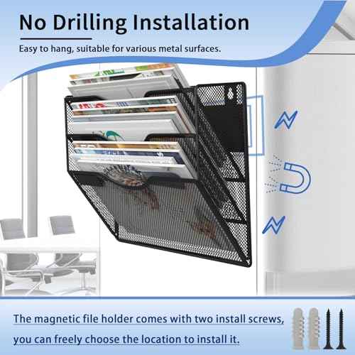 3-Tier Magnetic File Holder, No Drilling Installation File Cabinet Organizer, Black Magnetic File Organizer, Magazine Rack, Magnetic Paper Holder for Refrigerator, File Cabinets, Whiteboard