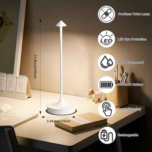 Cordless Table Lamp, Rechargeable Table Light Battery Powered LED Desk Lamp, Stepless Dimming Bedside Lamp, Minimalist Night Light in Aluminum for Restaurant/Bar/Home/Outdoor,White,2Pack