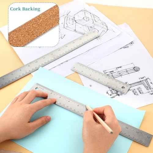 Metal Ruler with Cork Backing 6+12+18 Inch Stainless Steel Metal Ruler Non-Slip Rulers with Inch and Centimeters Straight Edge Cork Base Rulers for Drafting Office Tools, Prevent Ink Leakage