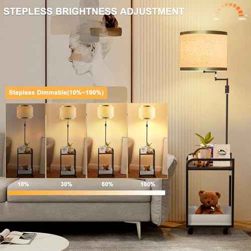 Lightdot 63IN Floor Lamps with Storage Table&Basket, Modern Standing Tall Lamps with Adjustable Fabric Lampshade and Movable&Fixed Casters, Coner End Table Lamp for Living Room/Bedroom/Office-Black