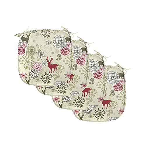 Ambesonne Winter Chair Seating Cushion Set of 4, Deer Silhouettes with Blossoming Flowers Abstract Christmas Nature, Anti-Slip Seat Padding for Kitchen & Patio, 16"x16", Olive Green Pale Green