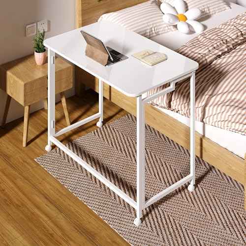 4NM 31.5" Mobile Small Rolling Computer Desk, Folding Laptop Cart Table with Wheels, Portable Office Desk for Small Space Couch Bed - All White