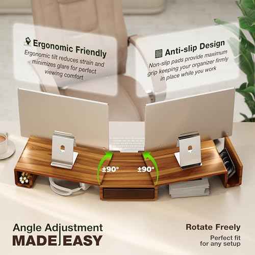 Wooden Dual Monitor Stand Riser with Drawer, 40.4'' Ergonomic Monitor Stand for Desk with Adjustable Length and Swivel Angle, Wooden Desktop Organizer for Laptop, PC, Computer,Printer (Acacia)