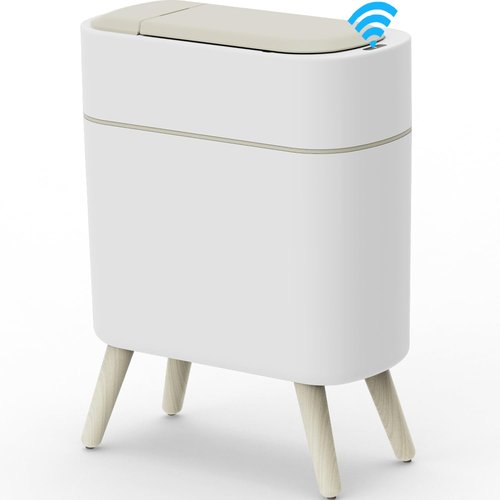 Yatmung Motion Sensor Bathroom Trash Can with Lid 2.5 Gal Smart Trash Bin - Waste Basket for Bedroom, Office, Living Room - Slim Bathroom Garbage Can Automatic Touchless - White with Wooden Legs
