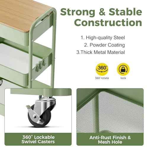 3 Tier Rolling Cart with Table top, Metal Rolling Utility Cart, Sturdy Storage Organizer Cart with Locking Wheels & Hooks for Office, Classroom, Kitchen and Bathroom