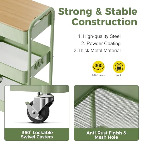 Johgee 3-Tier Rolling Cart with Tabletop - Locking Wheels, Removable Top Board, 150lb Capacity (Green)
