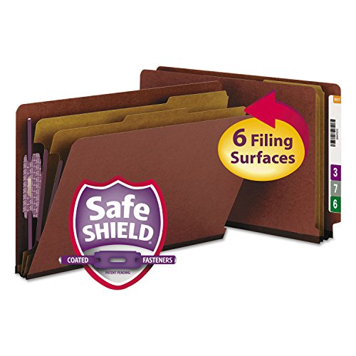 Smead 100% Recycled End Tab Pressboard Classification File Folder with SafeSHIELD Fasteners, 2 Dividers, 2" Expansion, Legal Size, Red, 10 per Box (29860)