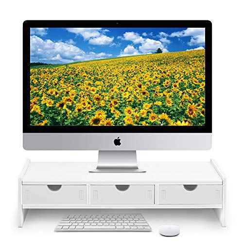 VALEN Monitor Stand Riser, Computer Laptop Riser Shelf with 3 Organizer Drawers (White, 19.5" L x 7.5" W x 4.7" H) (White)