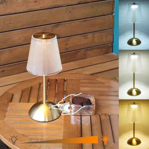 Cordless Table Lamp, 4000mAh Rechargeable Battery Operated Lamp, 3 Color Modes & Stepless Dimmable LED Touch Lamp, Portable Retro Metal Beside Lamps for Home Desk Bedroom Restaurant(Gold)