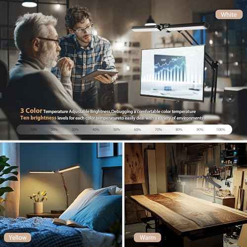 Dual Head LED Desk Lamp with Clamp, 2X Brighter Swing Arm Light - 3 Colors 10 Brightness, Eye-Caring Adjustable Architect Lamp for Dual Monitors, Drafting, Workbench & Home Office